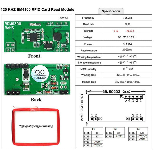 UART 125Khz EM4100 RFID Card Key ID Reader Module RDM6300 RDM630